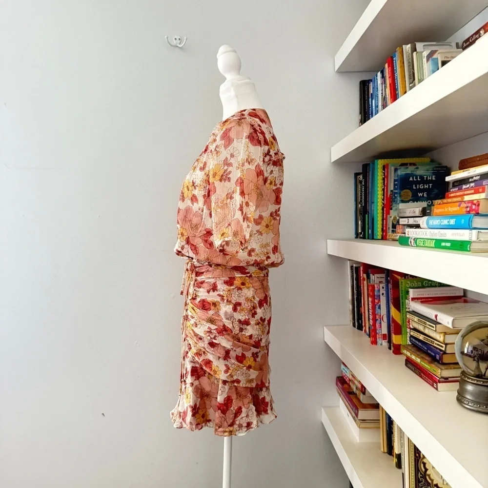 VERONICA BEARD Dakota Dress in Floral Multi Silk Ruched V- Neck Size 2